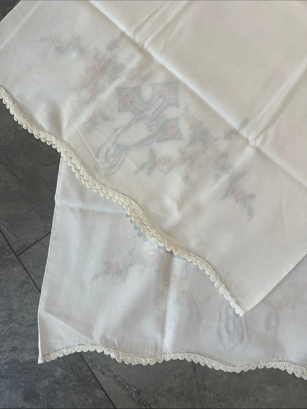 Embroidered praying hands Cross Pillowcase Set White with Pastel Floral Accents